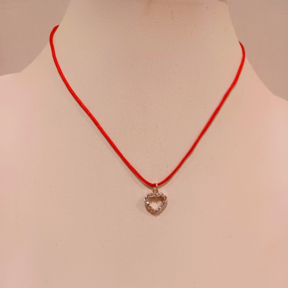 Necklace, sterling silver heart white stones, red cord,sterling silver ends